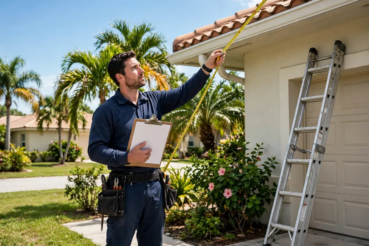 Gutter technician measuring a roofline with a tape measure and clipboard for an on-site estimate