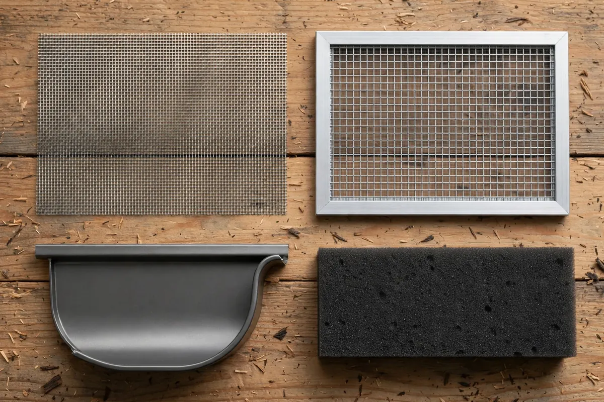 Four gutter guard types compared on a workbench: micromesh, screen, reverse-curve, and foam