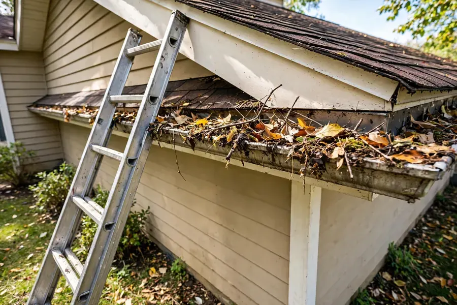 Ladder against a gutter, weighing cleaning costs against the guard payback, Fort Pierce, FL