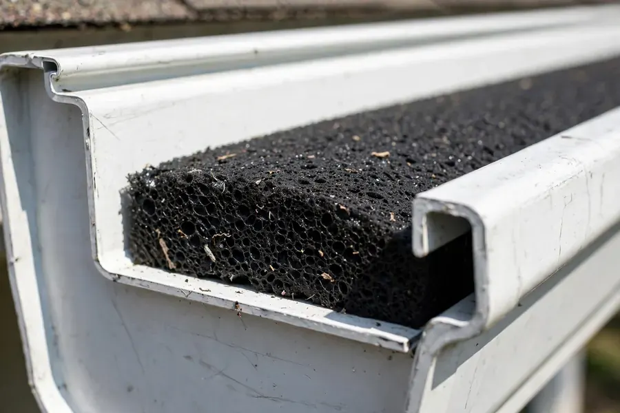Close-up of a foam gutter guard insert with trapped debris, Fort Pierce, FL