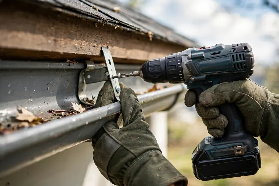Gloved hands checking a gutter hanger during a pre-storm inspection, Fort Pierce, FL