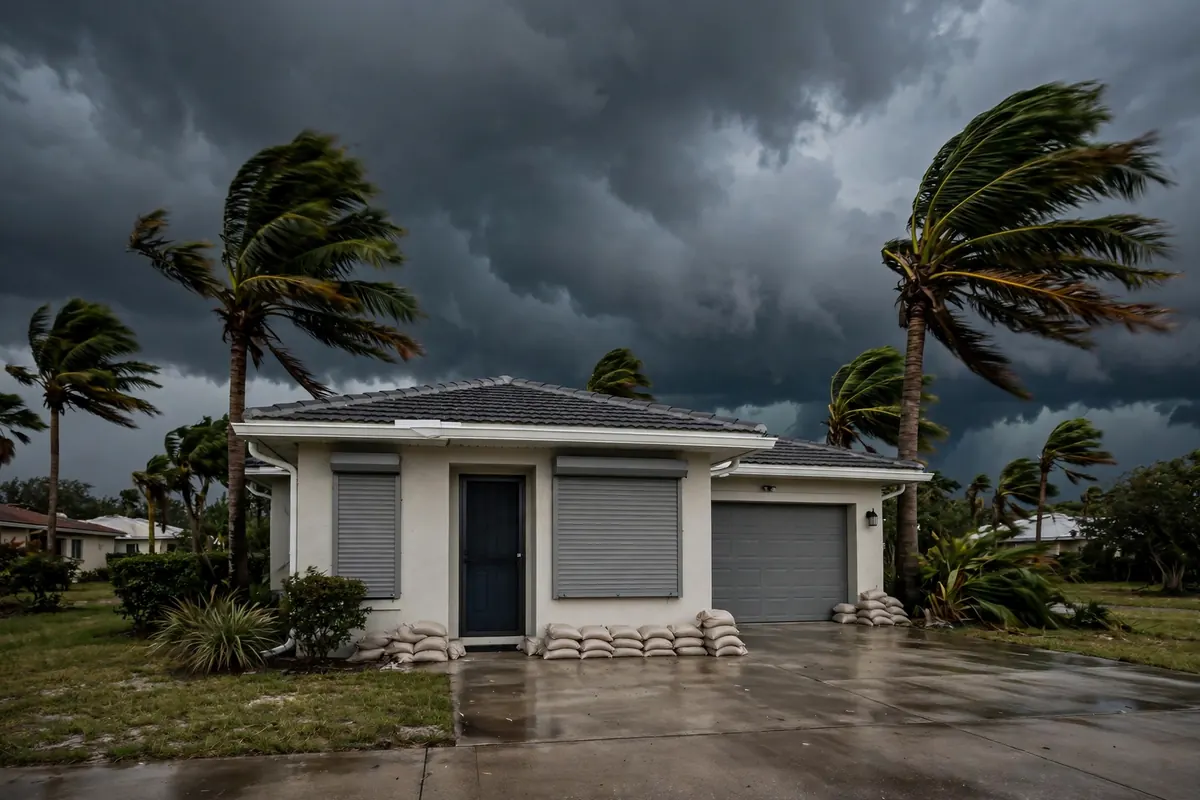 Florida home with storm shutters and sandbags under dark hurricane-season clouds